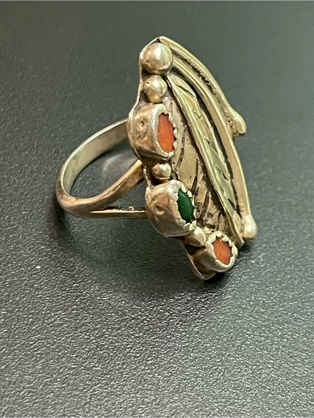 Sterling Leaf Statement Ring with Green and Orange turquoise Stones